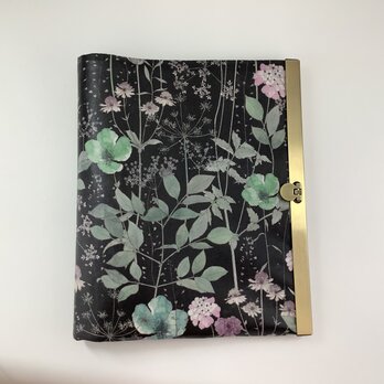 B6手帳・ノートカバー　イルマ(ブラック×グリーン) ビニコ　リバティプリント　口金の画像