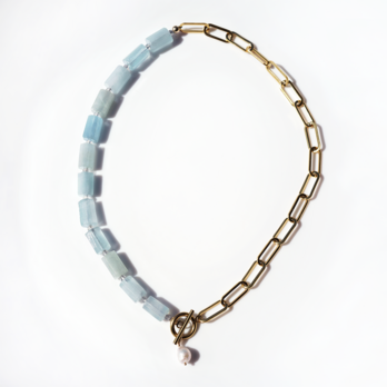 ミルキーアクアマリンと真珠のサージカルステンレス・マンテルネックレス　～Lagoonの画像
