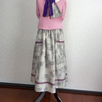 着物リメイク♪ストール付：木立模様の上質な大島紬のポケット付きスカート☆裏地付き：８０ｃｍ丈　の画像