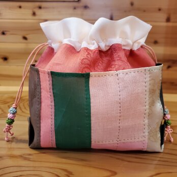 シルク手縫い巾着バッグinバッグ(サーモンピンク)の画像