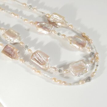 バロックパール（本真珠、淡水）とSV925、ラブラドライトのネックレス2本セット（美しい照り、6月の誕生石）の画像
