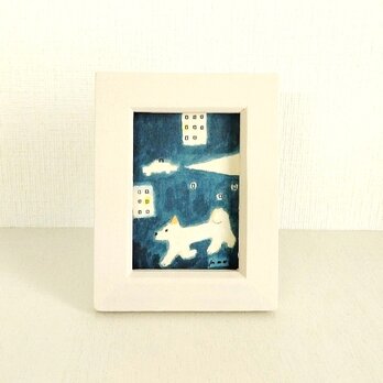 オーダー制作｜原画「夜の散歩」※木製ミニ額縁入り（水彩　犬　犬の絵）の画像