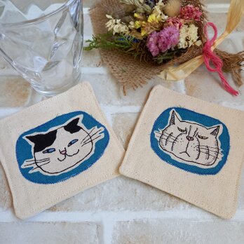 布製コースター2枚セット　ブルー（猫Ａ)の画像