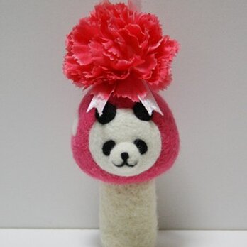 【母の日♪】羊毛キノコパンダマスコット(ピンク・カーネーション)の画像