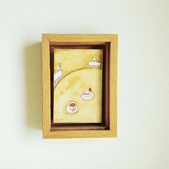白文鳥のいる絵｜原画「おしゃべりな午後」※木製ボックス額縁入り