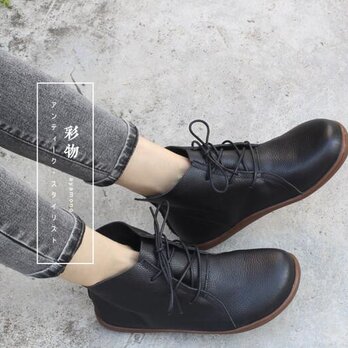 【受注製作】丸トウ牛革レザーブーツ　靴　ブラウン　黒色　EDW082の画像