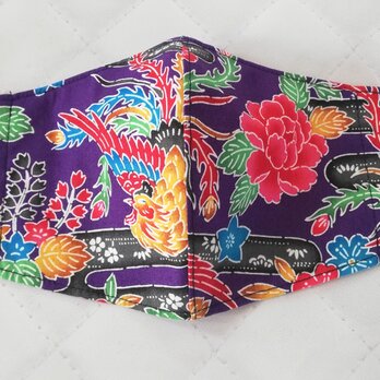 琉球沖縄　鮮やかな柄　和風立体マスク　松　竹　藤　扇　花柄　鳳凰　紫　パープル　手作りマスクの画像