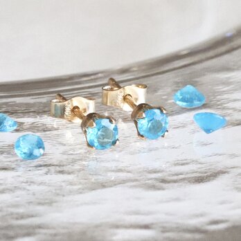 宝石質ネオンブルーアパタイトの一粒ピアス｜3mm 小粒 上品 14Kgf シンプル スタッドピアス オフィスにも