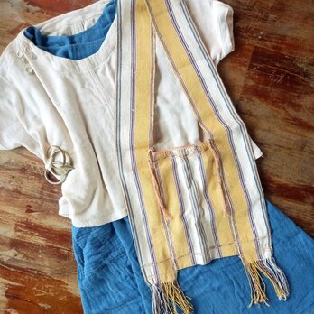 カレン族の手織りショルダーバッグ / ホワイト×イエロー /草木染めコットン, 手縫い /1点もの /タイ /フェアトレードの画像