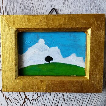 「夏の野原」小さな風景絵画・原画・油彩・壁掛け・独立スタンド付きの画像