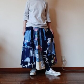 ゆかたリメイク☆レトロでポップなパッチスカート80cm丈の画像