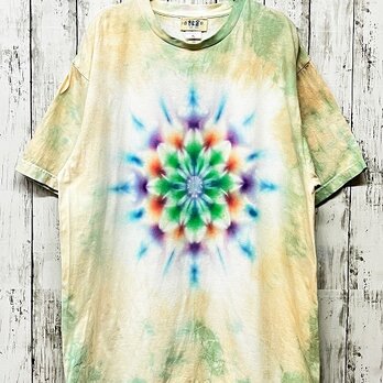 タイダイ染め Tシャツ　XLサイズ　曼荼羅　ベージュ×ブルー　Hippies Dye HD16-98の画像