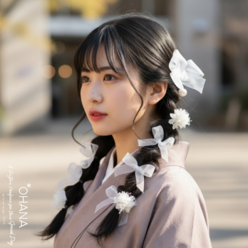 成人式　卒業式　紫陽花　リボンアレンジ　ヘッドドレス　髪飾り　和装　袴　振袖　前撮り　お着物　浴衣　オーガンジーリボン