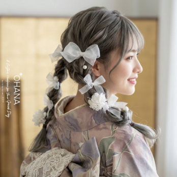 成人式　卒業式　紫陽花　リボンアレンジ　ヘッドドレス　髪飾り　和装　袴　振袖　前撮り　お着物　浴衣　オーガンジーリボン