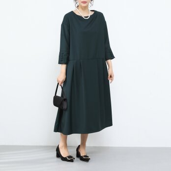 裾上げ無料♪オーダーサイズ可♪フォーマル　タック　ゆったり　ワンピース・ダークグリーン
