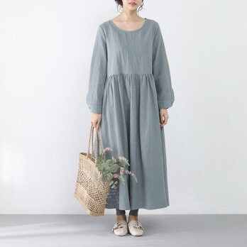 【即納】凸凹柄模様　コットンリネン ゆったり　ギャザー　ロングワンピース ♪オーダーサイズ可の画像