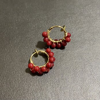 3mm 2連 赤珊瑚 コーラル フープ イヤリング K18GP アレルギー対応の画像
