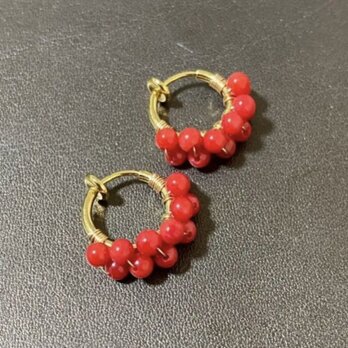 3mm 2連 赤珊瑚 コーラル フープ イヤリング K18GP アレルギー対応