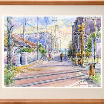 水彩画原画　江ノ電踏切風景・稲村ヶ崎　＃521の画像