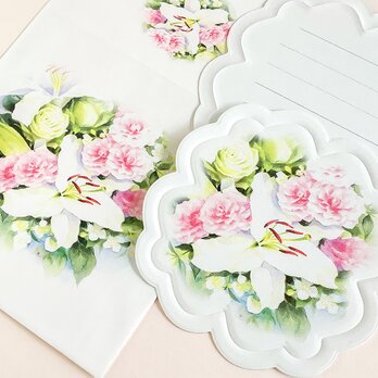 バラとカサブランカ ダイカットメッセージカード花型3枚　封筒付きの画像