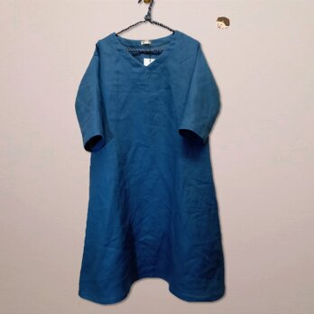 ☆魔女ワンピ　七分袖◇ブルー　リネン100％◇フリーサイズ　～ワンピース～の画像