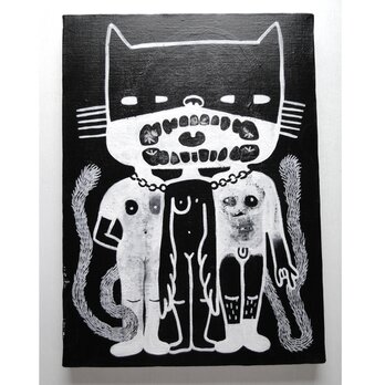 ３つ体の猫のグラフィティアート 原画 絵画 キャンバス画 モンスター モノクロの画像