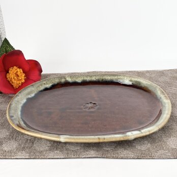 栗色の楕円皿　　オーバル　プレート　手仕事　民藝　窯元【和　陶器　茶】の画像