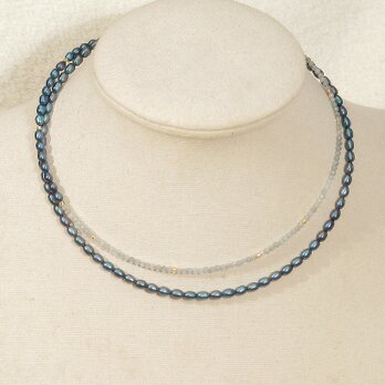 本真珠（淡水パール）とラブラドライトの2連ネックレス（フリーサイズ、形状記憶ワイヤー、長さ：全長約70cm、天然石）の画像