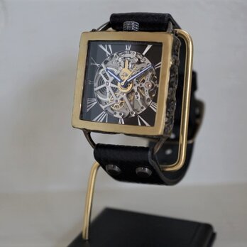 メカニックシルバー　スクエア　真鍮　ブラック 手作り腕時計の画像
