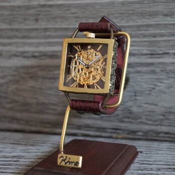 メカニックゴールド　スクエア　真鍮　ワインブラウン 手作り腕時計の画像