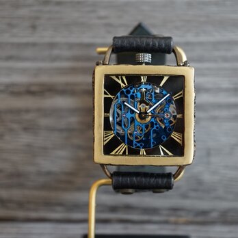メカニックブルー　スクエア　真鍮　ブラック 手作り腕時計の画像