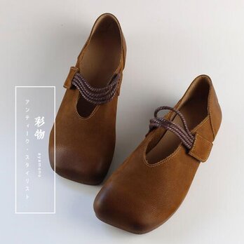 【受注製作】丸トウパンプス　手製牛革レザー　紐付き　靴　茶　DJY021の画像