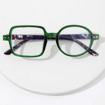 〇-▢ 丸四角の非対称メガネフレーム｜グリーン｜だて眼鏡・老眼鏡・近視用・乱視用としても作成OKの画像