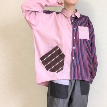 ゆるシャツ001/ピンク×えんじストライプの画像