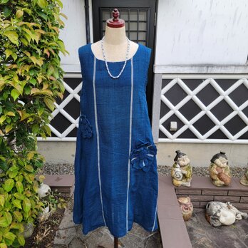 着物リメイク　古布　手作り　珍しい　綿蚊帳　花付きジャンパースカートの画像