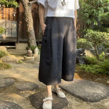 【着物リメイク】夏紬のフレアワイドパンツ/タック／絹の画像