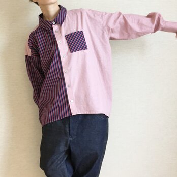 ゆるシャツ002/えんじストライプ×ピンクの画像