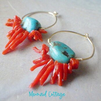 *14kgf*Red Coral&Turquoise Gold Hoop 天然赤珊瑚とターコイズのフープピアスの画像