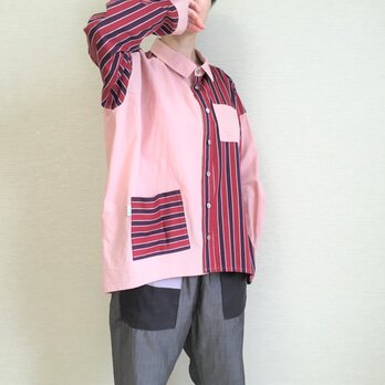 ゆるシャツ003/ピンク×えんじストライプの画像