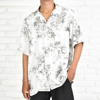再販　メンズムラ染めオープンカラーシャツ　開襟シャツ　アロハシャツ　ホワイトブラックの画像