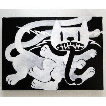 舌長の猫のグラフィティアート 原画 絵画 キャンバス画 動物の絵 モンスター モノクロの画像