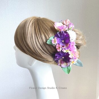 結婚式・成人式・卒業袴に♡紫のパンジーと薔薇のヘッドドレス　前撮り　髪飾り　ヘッドドレス　ヘッドピース　ウェディングの画像