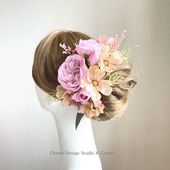 結婚式・成人式・卒業袴に♡コスモスと薔薇のヘッドドレス　結婚式　ウェディング　薔薇　コスモス　　紫陽花　紫陽花の画像