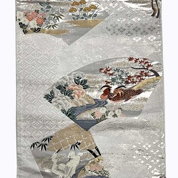 o0017　花鳥扇文様 鴛鴦 菊 藤 唐織 帯 正絹 50cm / ハギレ 古布 古裂  織 材料 表具 kimono obiの画像