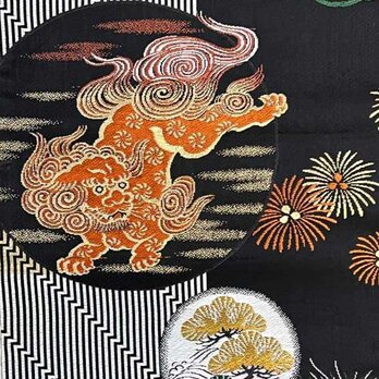 o0019　獅子文様 松 菊 帯 正絹 90cm / ハギレ 古布 古裂  織 材料 表具 kimono obiの画像
