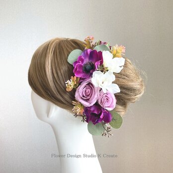 ウェディングに♡秋色のアネモネと薔薇のヘッドドレス　結婚式　花嫁ヘア　ブライダル　パープル　モーブピンクの画像