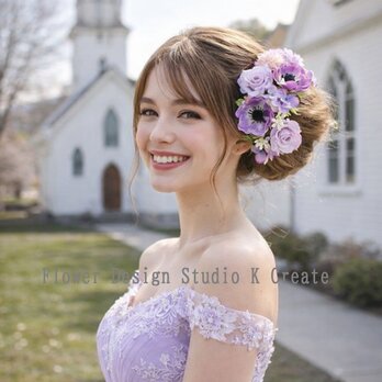 秋色の薔薇とアネモネのヘッドドレス　モーブピンク　ラベンダー色　10月　秋色　結婚式　ウェディング　髪飾り