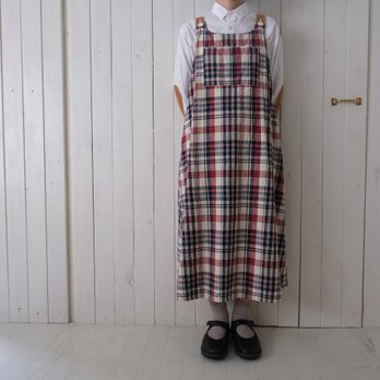 【すぐのお届け♪】コットンリネン ワンピース　beige madras checkの画像