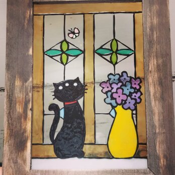 送料無料*ステンドグラス風*猫とステンドグラスの窓･ハンドメイド♪の画像