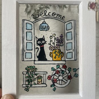 送料無料*ステンドグラス風*黒猫と窓辺のウエルカム･ハンドメイド♪